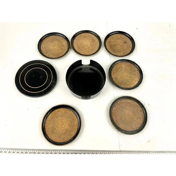 VTG Black Set of 6 Round Cork Coaster Set MCM Barware Original - Picture 6 of 10